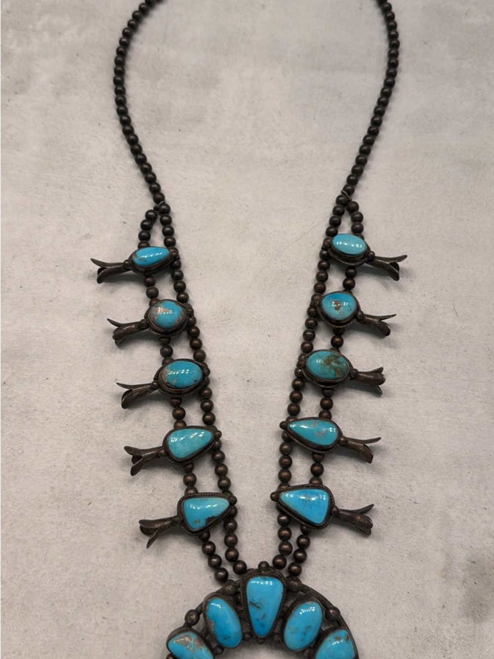 Turquoise Navajo-Style Squash Blossom Necklace - Bright Blue Stones